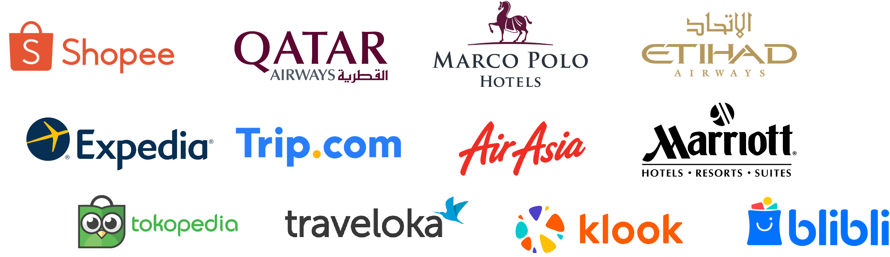 Partner brands including Shopee, Qatar Airways, Marco Polo, Etihad, Expedia, Trip.com, AirAsia, Marriott, Tokopedia, Traveloka, Klook and Blibli